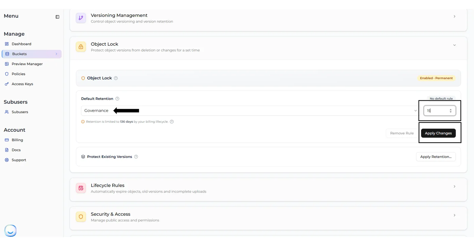 Default Retention set to Governance and 15 days, with the retention limit note and the Apply Changes button
