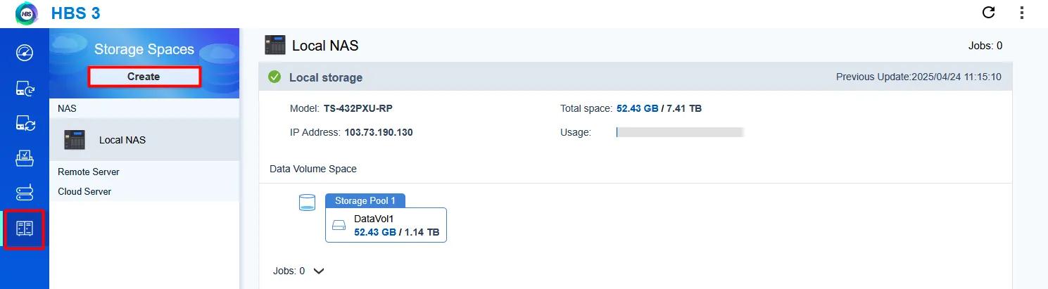 Storage Spaces page in HBS 3 with the Create button