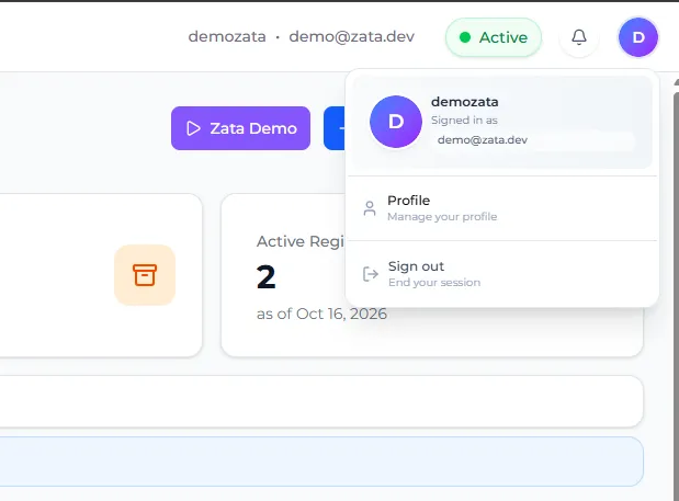 The profile menu in the top-right corner with Profile and Sign out