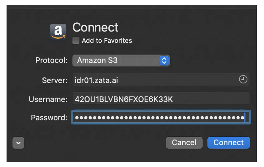 ForkLift Connect window with protocol Amazon S3 and server idr01.zata.ai
