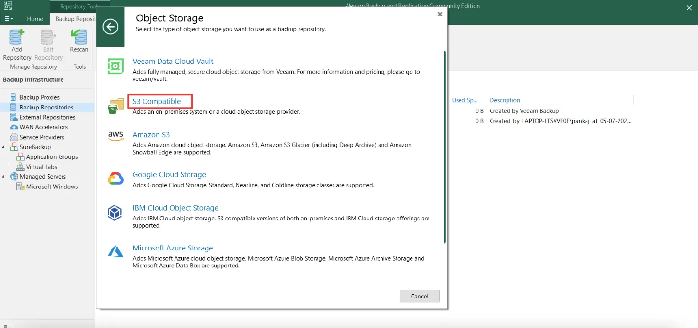 Object Storage window with S3 Compatible highlighted