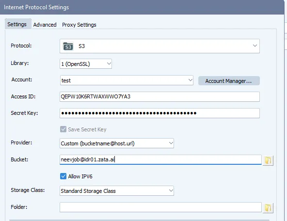 Internet Protocol Settings with protocol S3, the Custom provider and the bucket written as bucketname@idr01.zata.ai