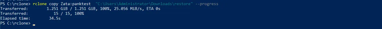 PowerShell running rclone copy from a Zata bucket to a local restore folder