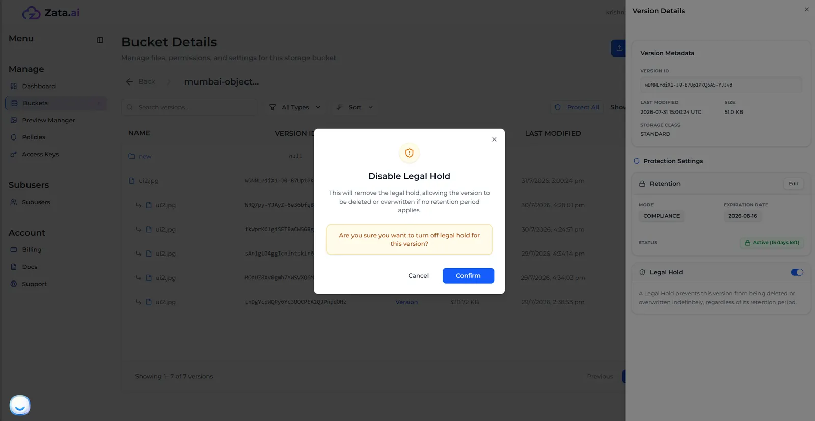 The Disable Legal Hold window with the Confirm button