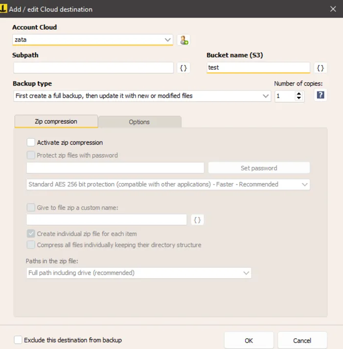 Add or edit Cloud destination window with the account, bucket name, backup type and zip compression options
