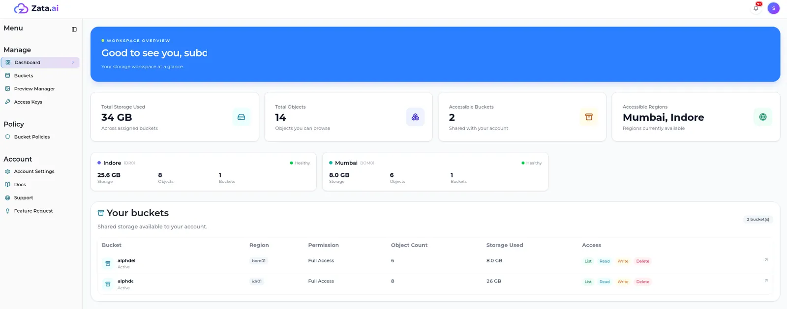 The sub-user dashboard with storage, object, bucket and region tiles, a health card per region and the Your buckets table