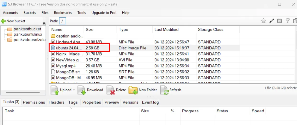 A file selected in the bucket with the Download button available