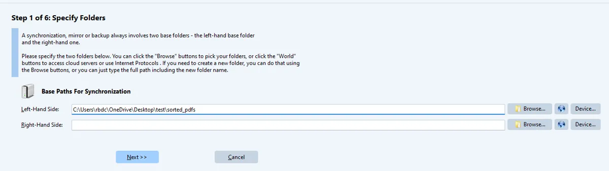 Specify Folders step with the left-hand and right-hand side paths and the globe buttons