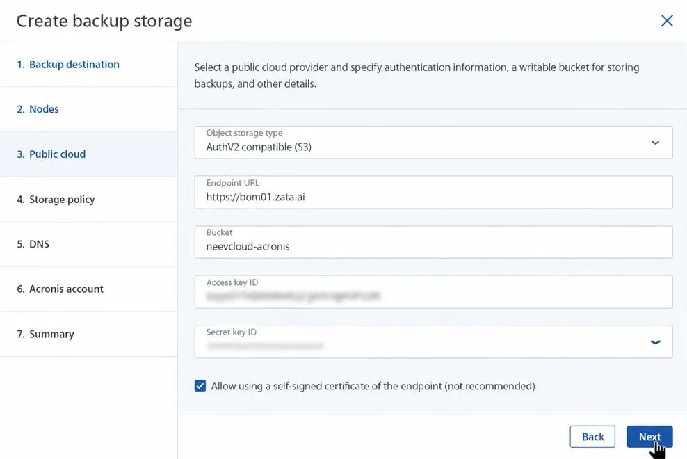 Public cloud step with the endpoint URL, bucket and blurred access keys