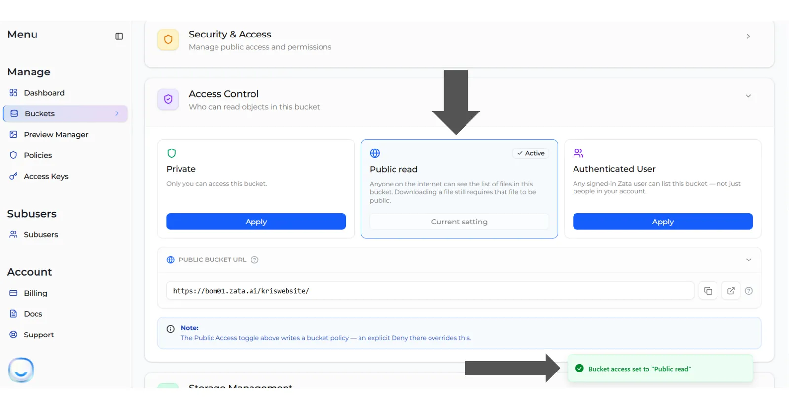 Public read marked Active, with the Public bucket URL row showing the bucket link and copy and open buttons