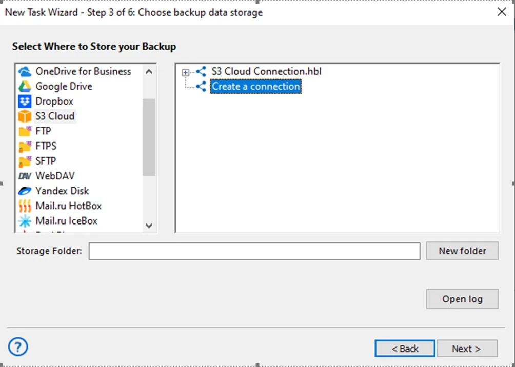 Choose backup data storage step with S3 Cloud and Create a connection selected