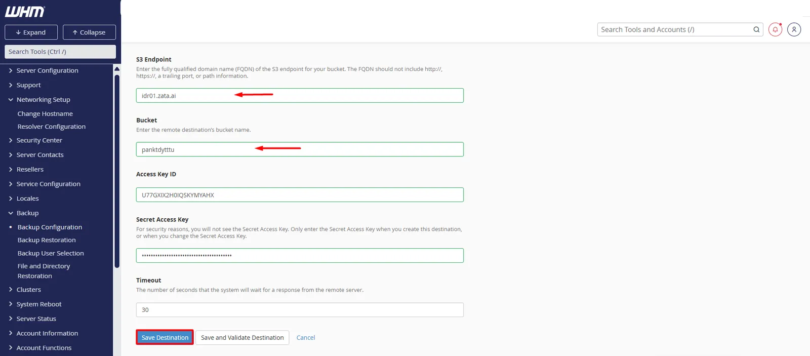 Destination form with S3 endpoint idr01.zata.ai, bucket, access key ID, secret access key, timeout 30 and the save buttons