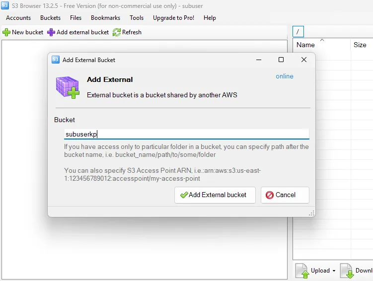 The Add External Bucket dialog with a bucket name entered
