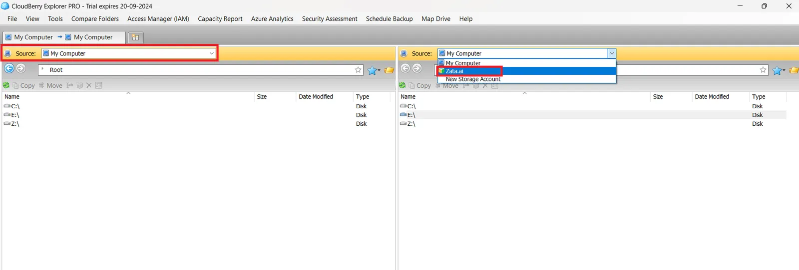 Source list in the right pane with the Zata account selected