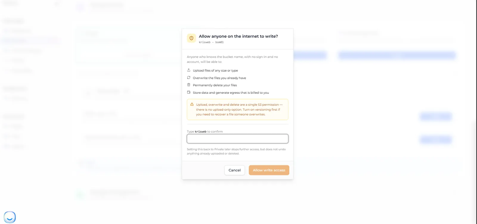 The Allow anyone on the internet to write? dialog listing upload, overwrite, delete and billing risks, with a field to type the bucket name
