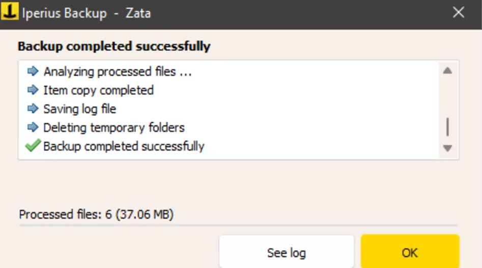 Iperius Backup window reporting Backup completed successfully, with the See log button