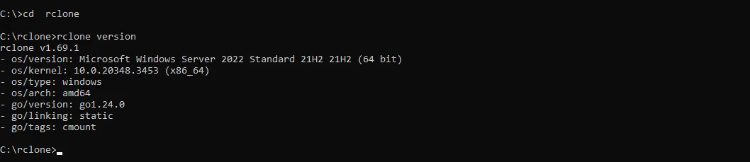Command Prompt showing the output of rclone version