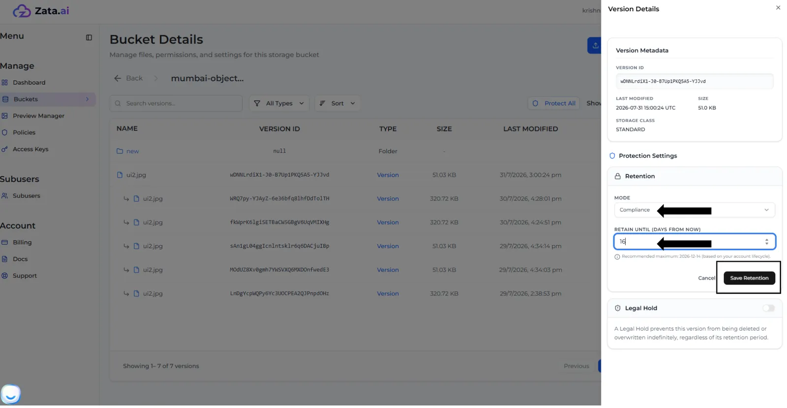 Editing a version's retention with the mode changed to Compliance and the Save Retention button