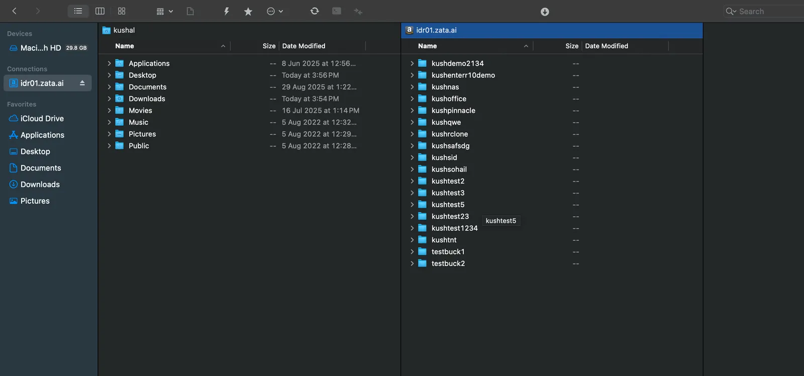 ForkLift with local folders on the left and Zata buckets from idr01.zata.ai on the right