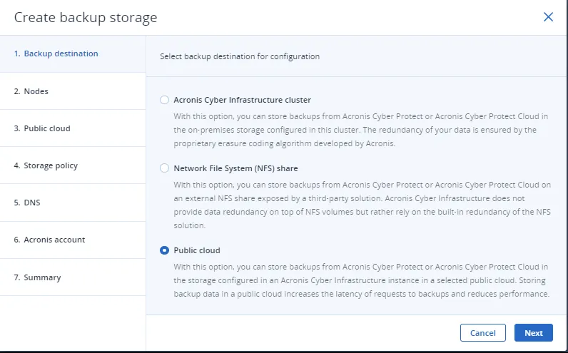 Backup destination step with Public cloud selected