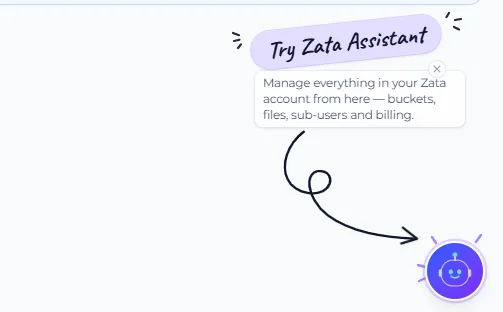 The Try Zata Assistant note with an arrow pointing to the round robot button in the bottom-right corner of the console