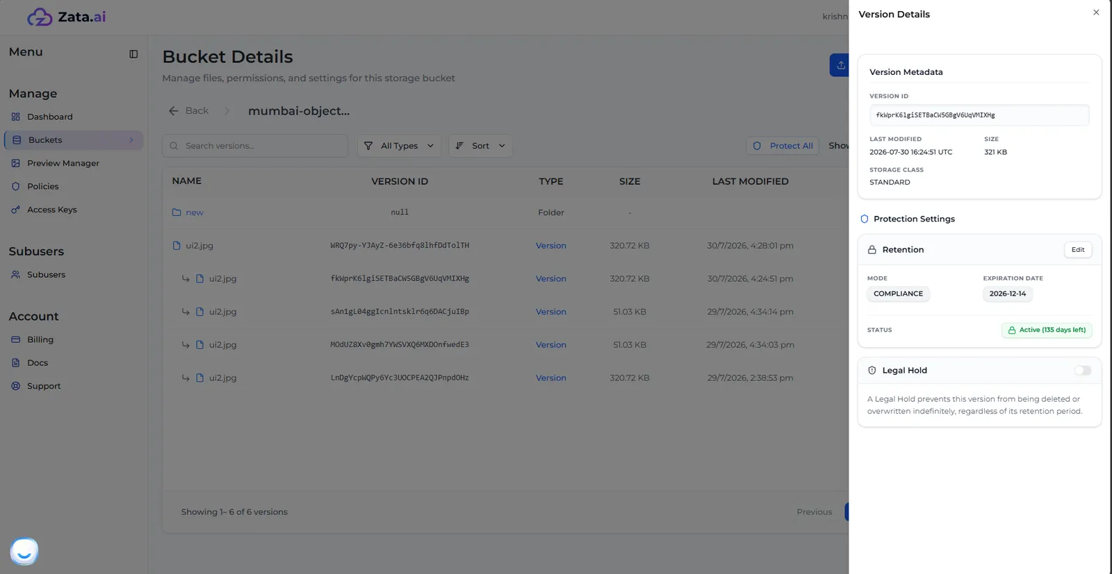 Version Details showing a COMPLIANCE retention, its expiration date and the days left
