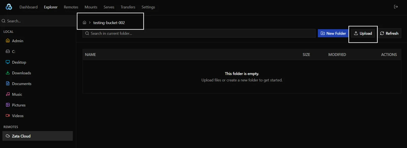 An empty bucket in the Explorer with the Upload button highlighted