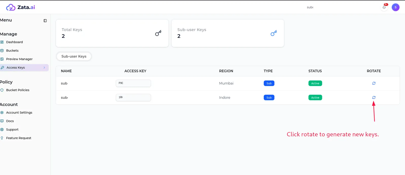 The sub-user Access Keys page listing two sub-user keys, one for Mumbai and one for Indore, each with a Rotate button
