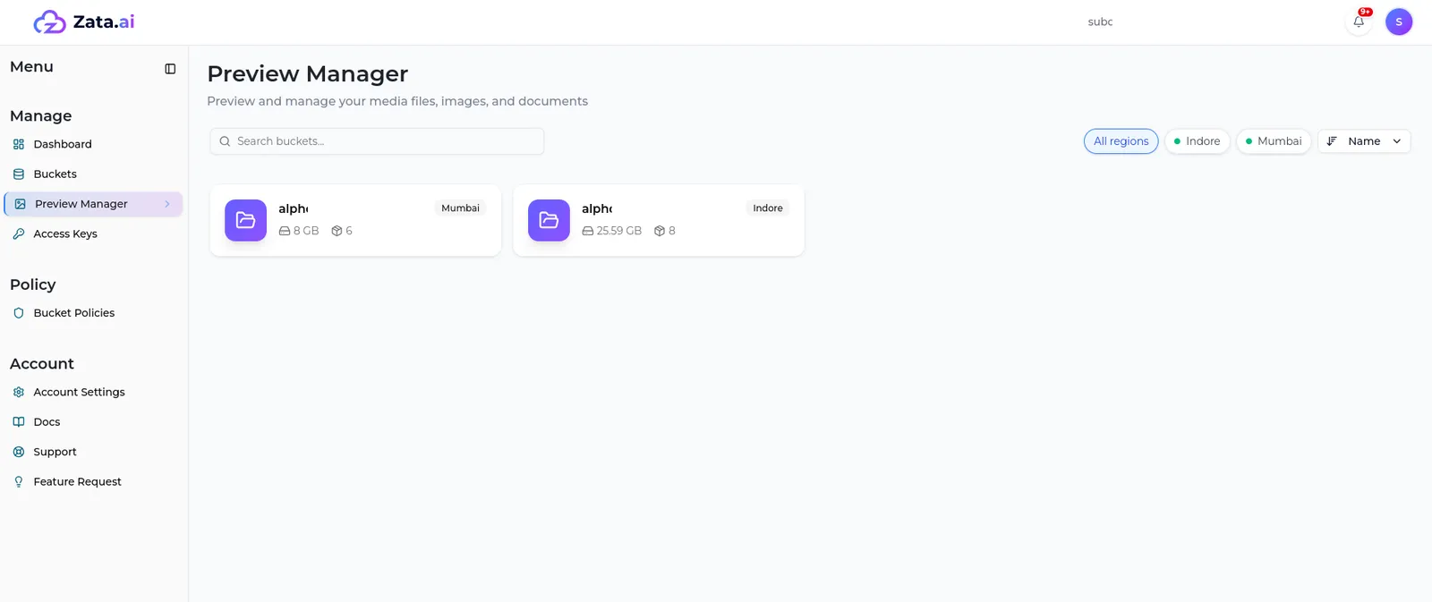 The sub-user Preview Manager showing two shared buckets as cards with region, size and object count