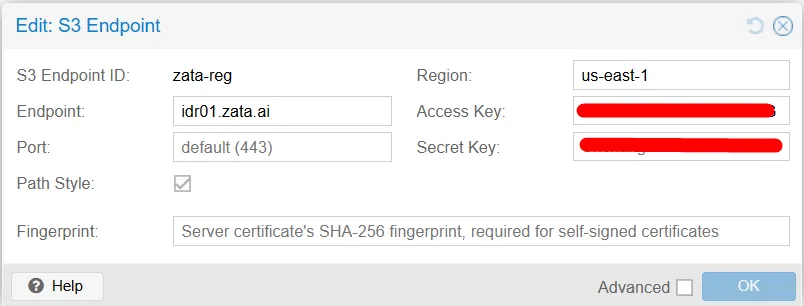 S3 Endpoint window with endpoint idr01.zata.ai, region us-east-1, default port 443 and Path Style ticked