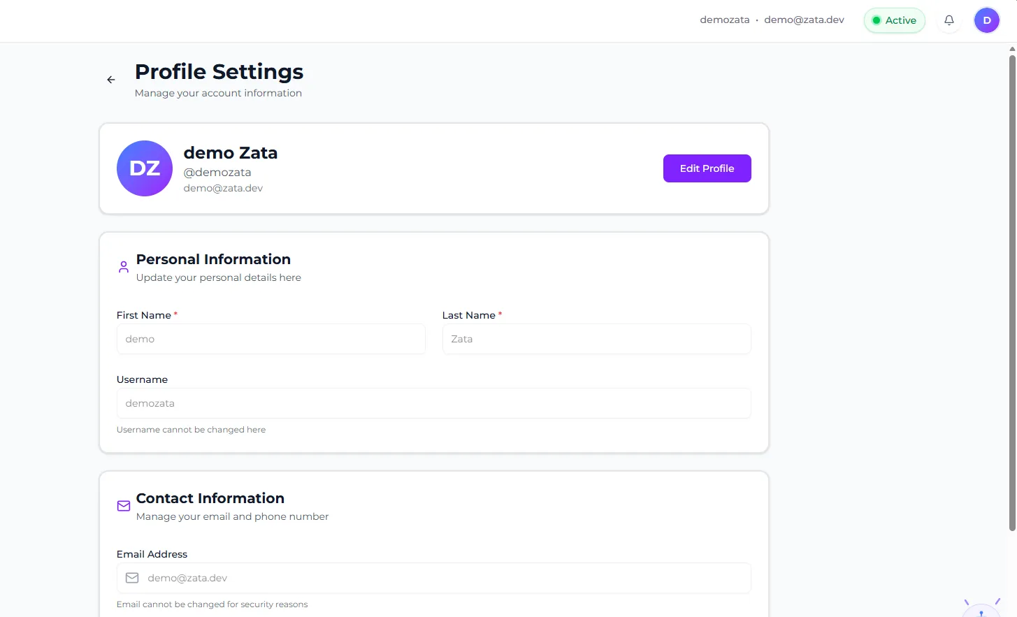 Profile Settings with the Edit Profile button, Personal Information and Contact Information