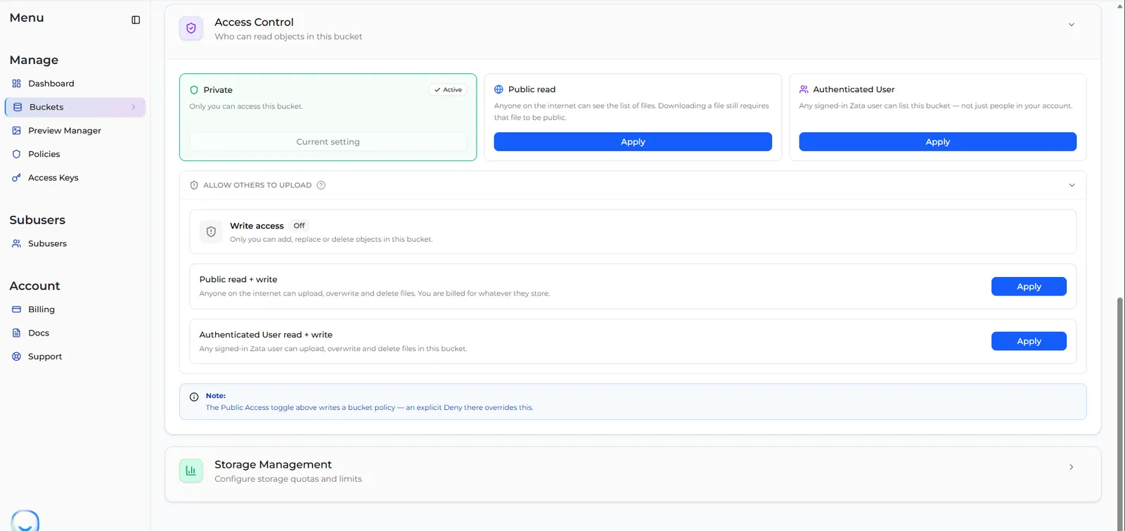The Allow others to upload row expanded, with Write access Off and Apply buttons for Public read + write and Authenticated User read + write