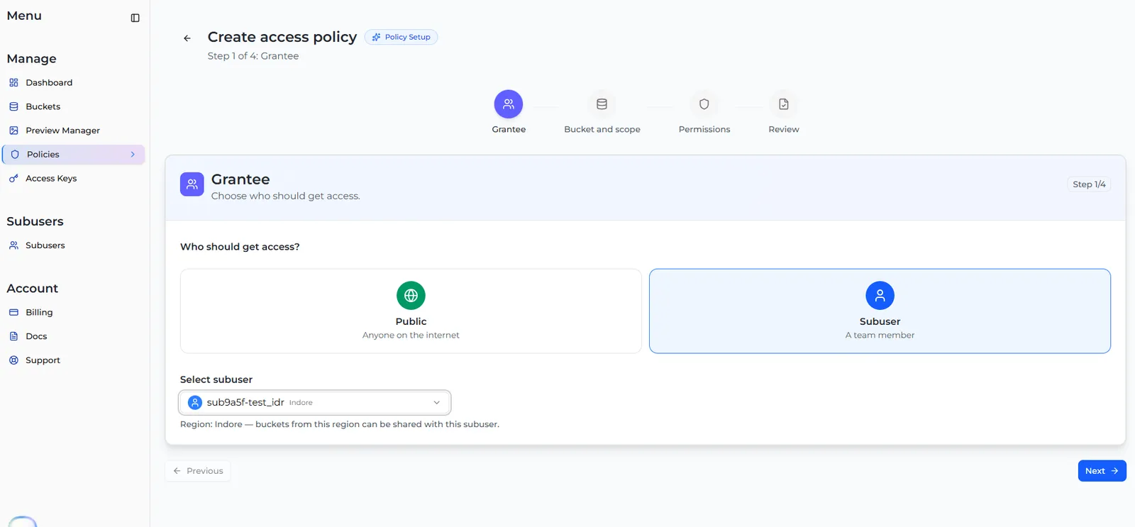 The Grantee step of Create access policy with Subuser selected and a sub-user chosen