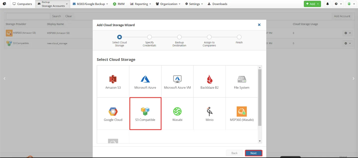Select Cloud Storage step with S3 Compatible highlighted