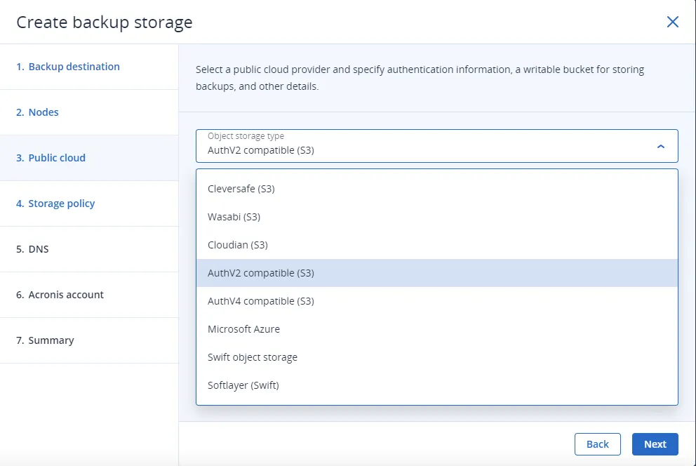Object storage type list with AuthV2 compatible (S3) highlighted
