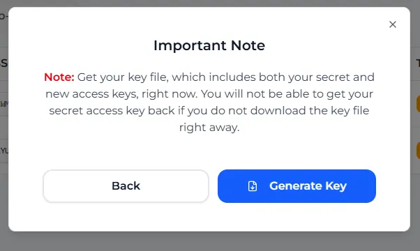 The Important Note dialog asking you to download the key file, with the Generate Key button