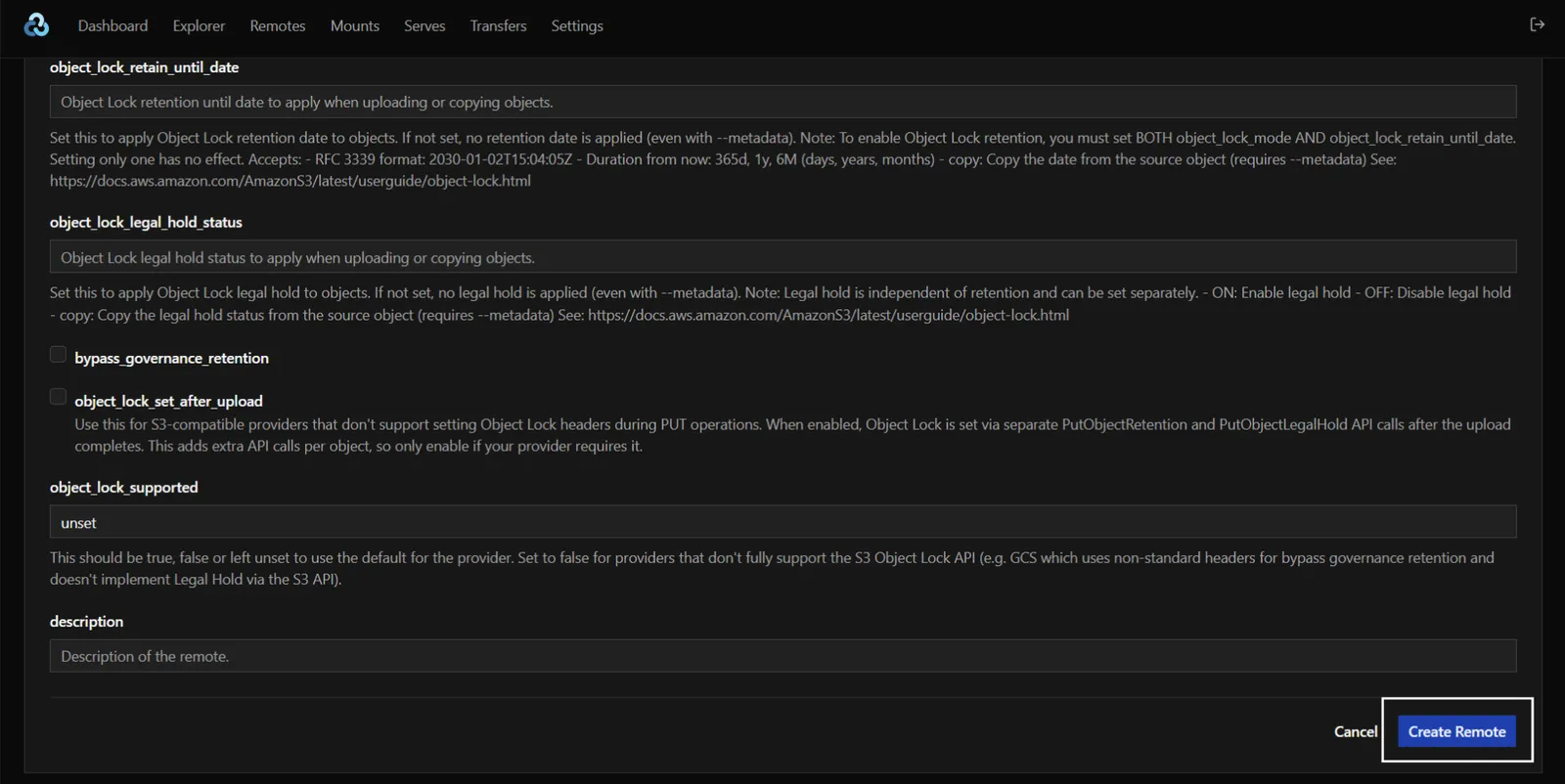 Bottom of the New Remote form with the Create Remote button highlighted