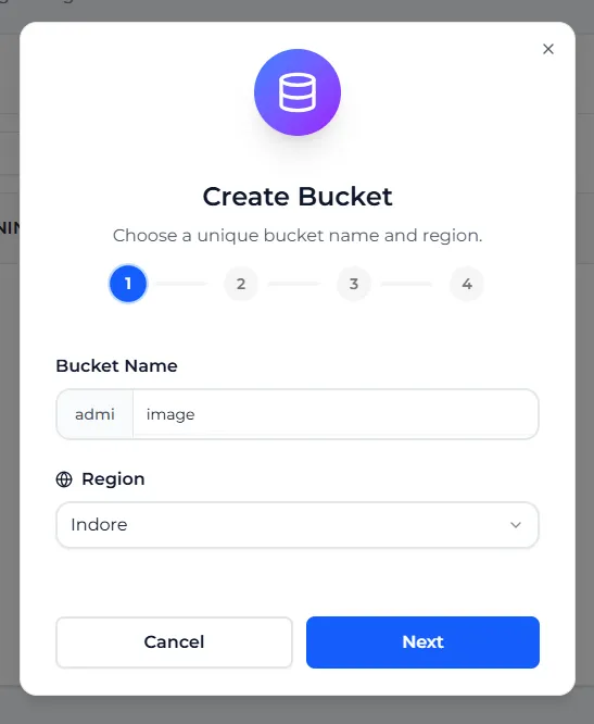 Step 1 of Create Bucket: the username prefix admi, the name image and the Region drop-down set to Indore