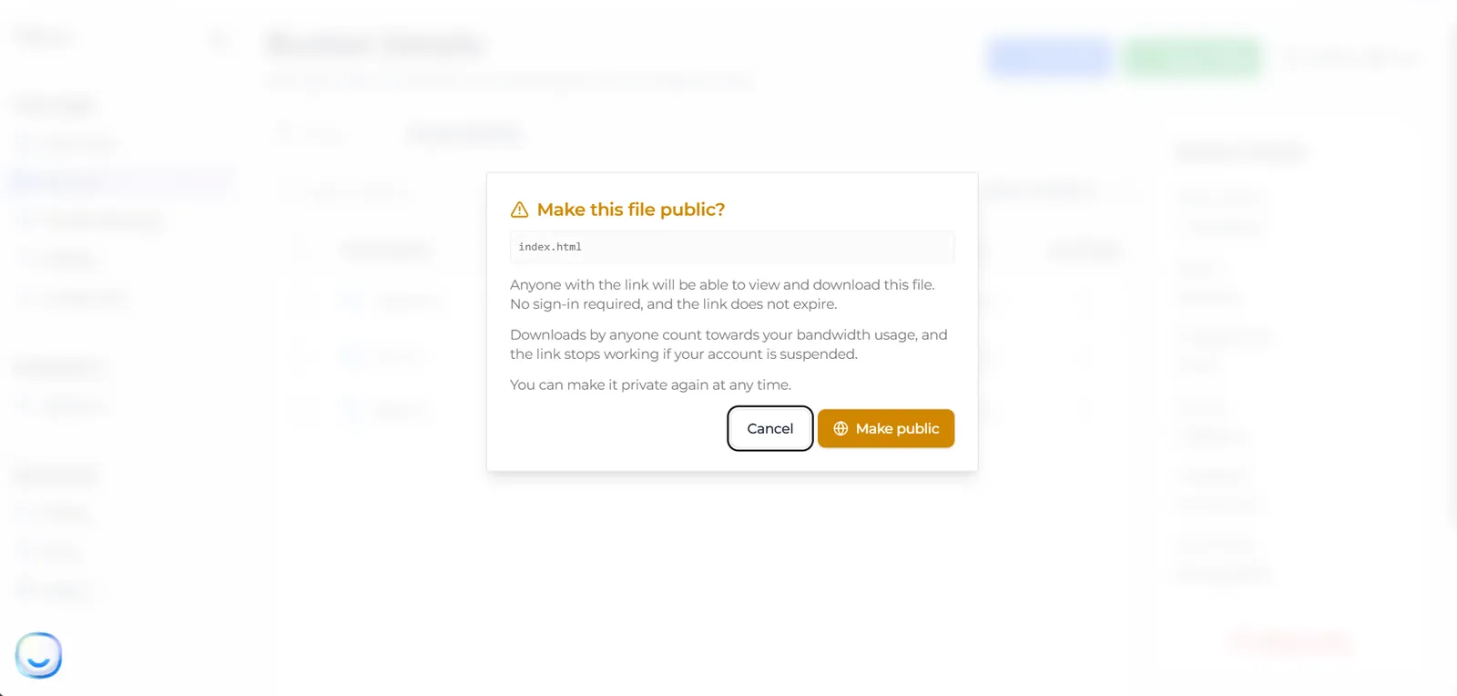 The Make this file public? dialog with Cancel and Make public buttons