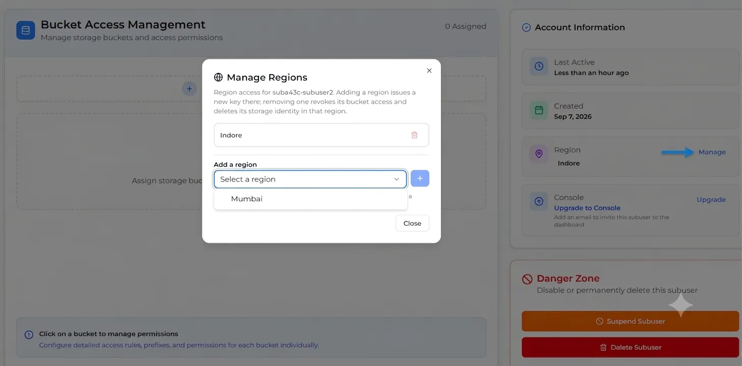 The Manage Regions dialog listing Indore, with the Add a region dropdown open showing Mumbai
