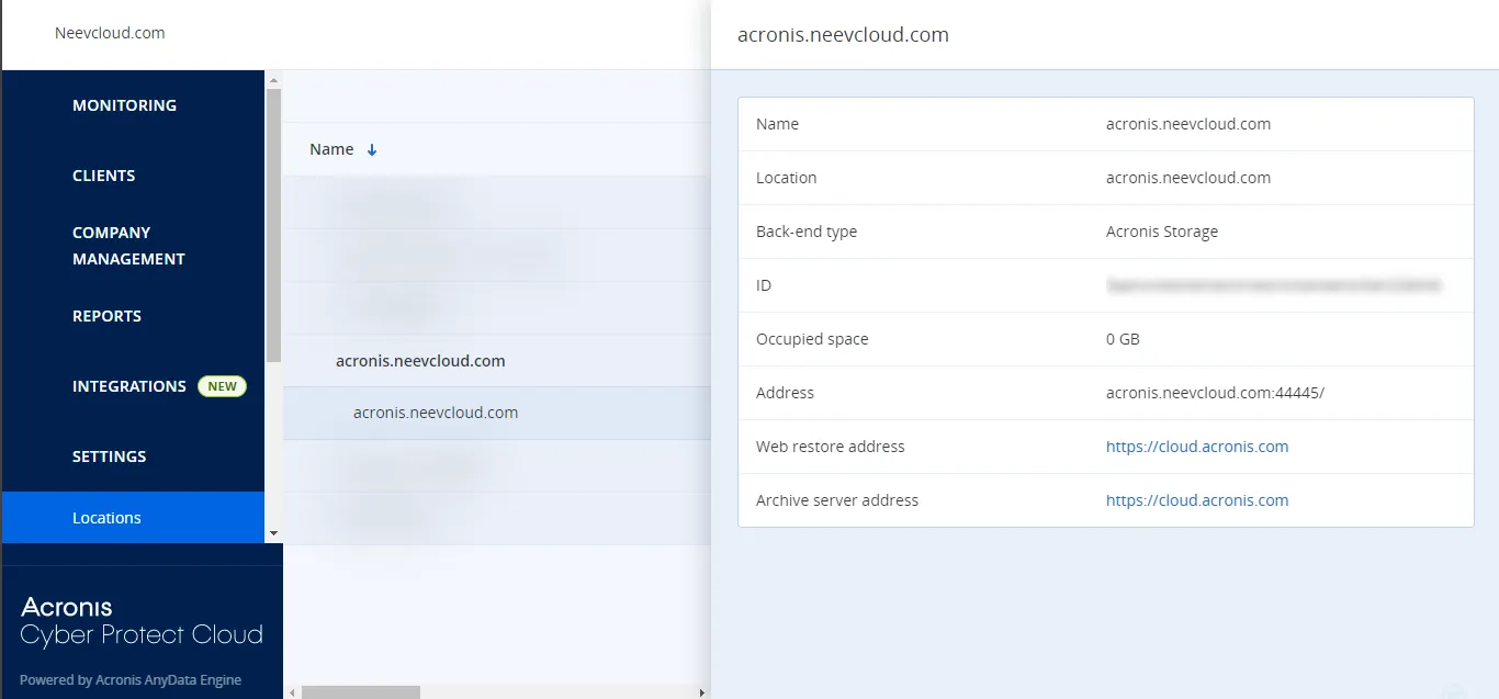 Locations page of the Acronis partner portal with the new gateway location