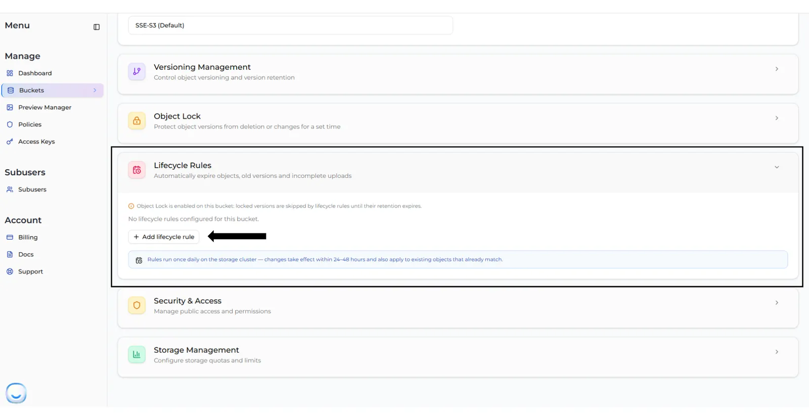 The Lifecycle Rules section in Bucket Settings with the Add lifecycle rule button