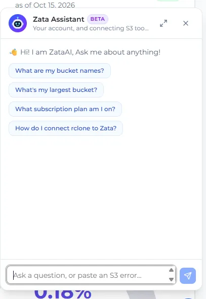 The Zata Assistant chat window with the greeting and four example questions: What are my bucket names, What's my largest bucket, What subscription plan am I on, and How do I connect rclone to Zata