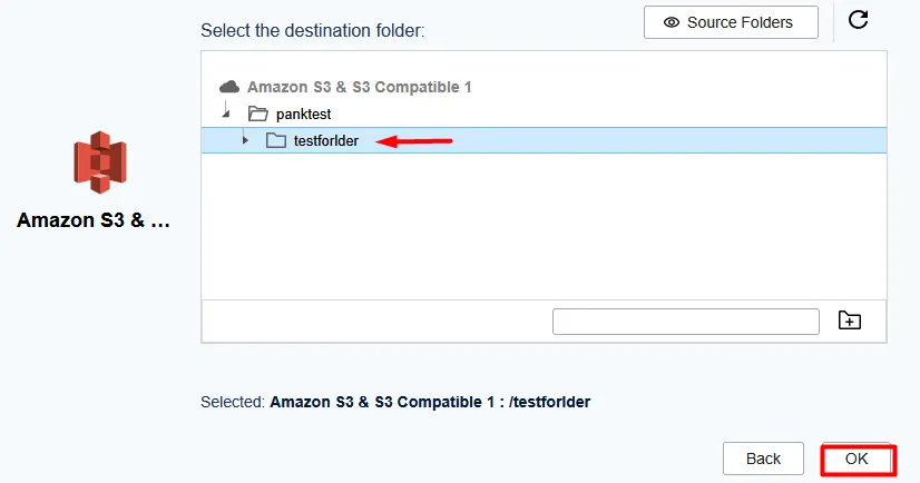 Destination folder inside the bucket selected