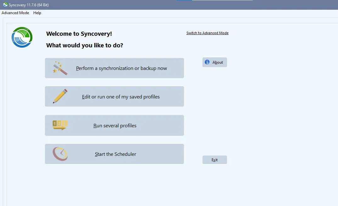 Syncovery welcome screen with Perform a synchronization or backup now