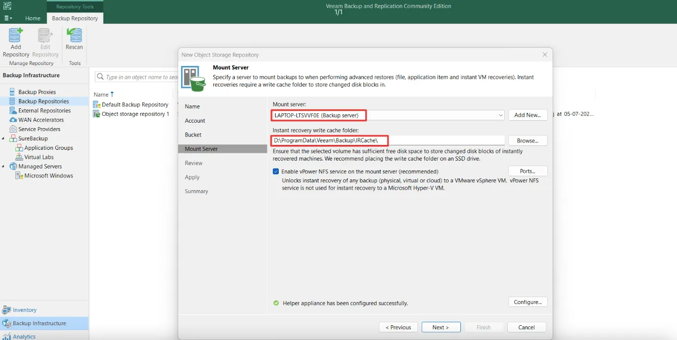 Mount Server step with the mount server and the instant recovery write cache folder