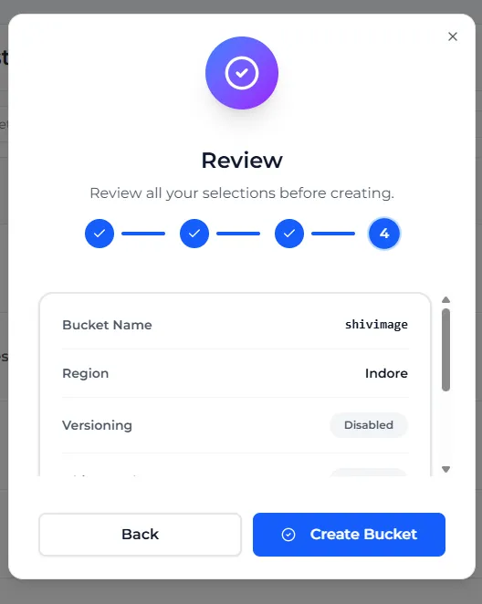 Step 4 of Create Bucket: the Review list with the bucket name shivimage, region Indore and versioning disabled, and the Create Bucket button