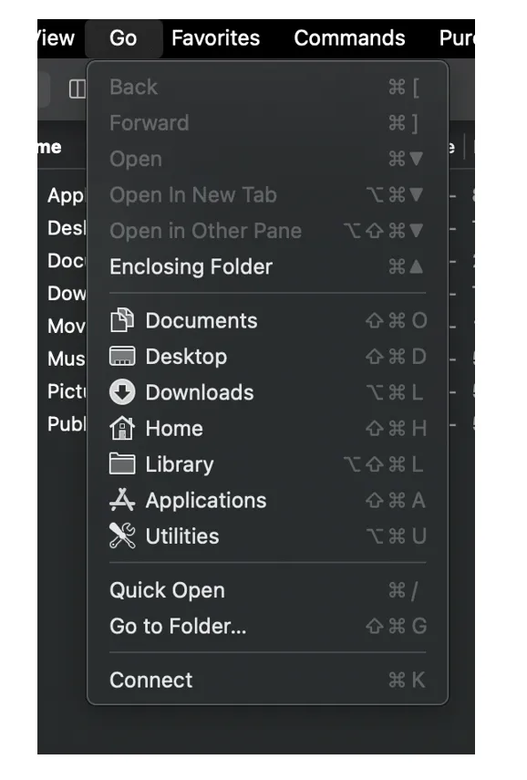 The ForkLift Go menu with Connect at the bottom