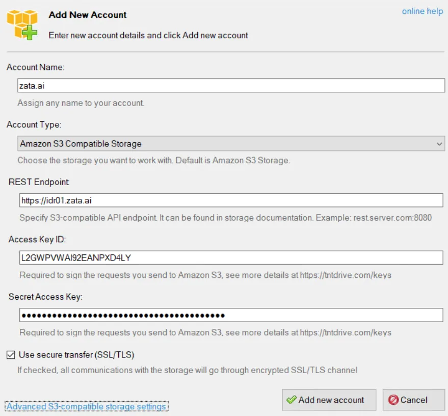 TntDrive Add New Account form with Amazon S3 Compatible Storage and the REST endpoint https://idr01.zata.ai