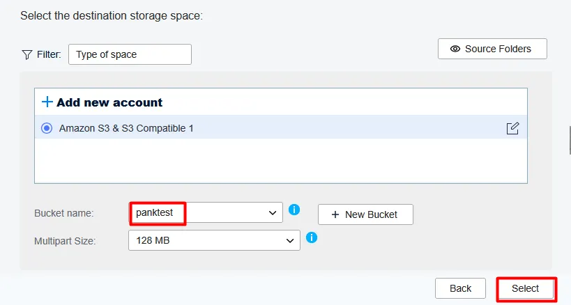 Zata storage space selected with the bucket name and multipart size